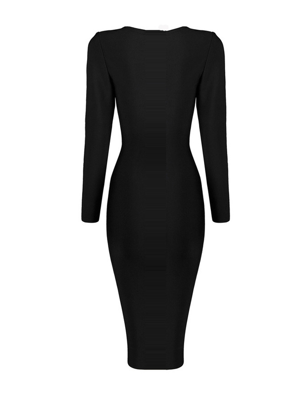 Sexy Deep V Neck Hollow-out Black Polyester Sheath Knee Length Dress