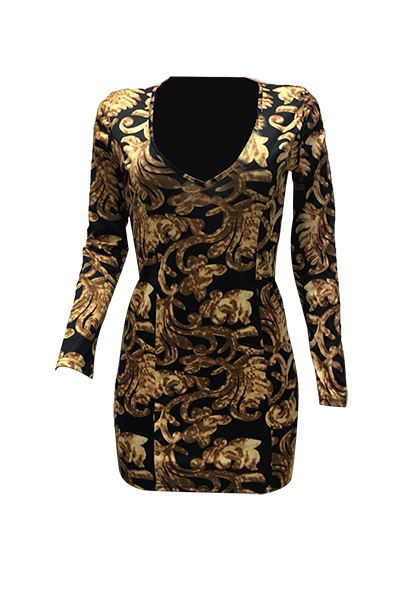 Sexy Deep V Neck Long Sleeves Printed Healthy Fabric Sheath Mini Dress