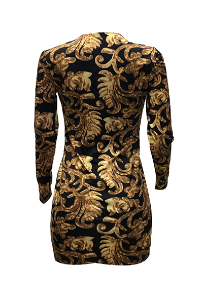 Sexy Deep V Neck Long Sleeves Printed Healthy Fabric Sheath Mini Dress