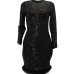 Sexy Deep V Neck See-Through Black Polyester Sheath Knee Length Dress