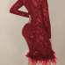 Sexy Deep V Neck See-Through Red Polyester Sheath Knee Length Dress