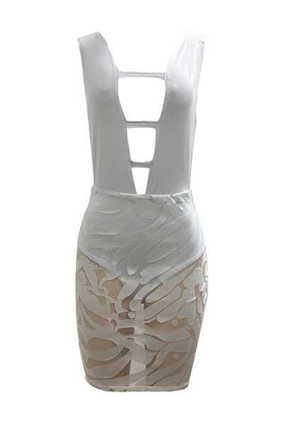 Sexy Deep V Neck See-Through White Polyester Sheath Knee Length Dress(With Lining)