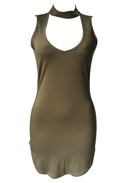 Sexy Deep V Neck Sleeveless Army Green Cotton Sheath Mini Dress