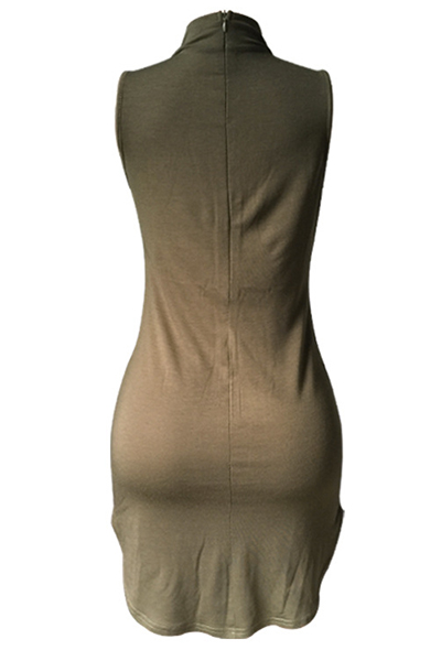 Sexy Deep V Neck Sleeveless Army Green Cotton Sheath Mini Dress