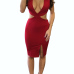 Sexy Deep V Neck Sleeveless Backless Red Cotton Blend Sheath Knee Length Dress