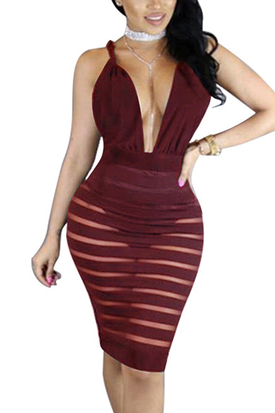 Sexy Deep V Neck Sleeveless Backless Wine Red Polyester Sheath Knee Length Dress