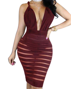 Sexy Deep V Neck Sleeveless Backless Wine Red Polyester Sheath Knee Length Dress