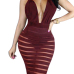 Sexy Deep V Neck Sleeveless Backless Wine Red Polyester Sheath Knee Length Dress