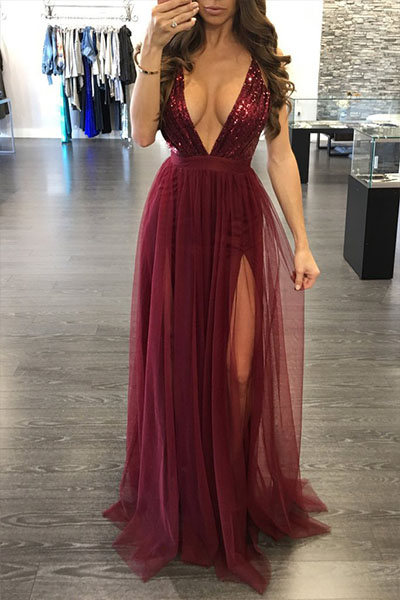 Sexy Deep V Neck Sleeveless Wine Red Gauze Floor Length Dress