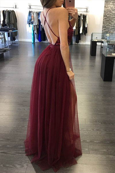 Sexy Deep V Neck Sleeveless Wine Red Gauze Floor Length Dress