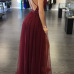 Sexy Deep V Neck Sleeveless Wine Red Gauze Floor Length Dress