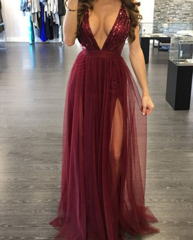 Sexy Deep V Neck Sleeveless Wine Red Gauze Floor Length Dress