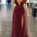 Sexy Deep V Neck Sleeveless Wine Red Gauze Floor Length Dress