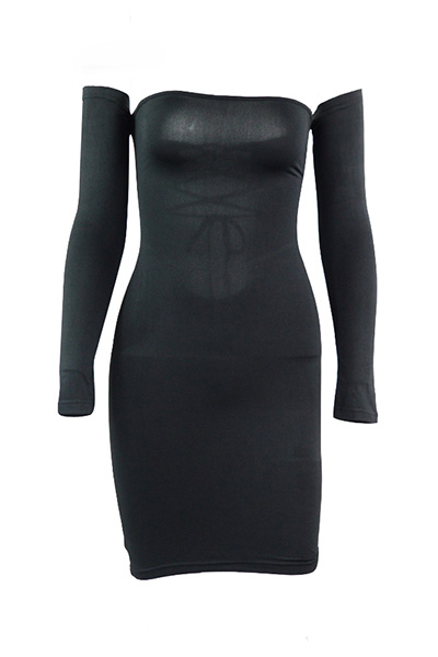 Sexy Dew Shoulder Long Sleeves Hollow-out Black Blending Sheath Mini Dress