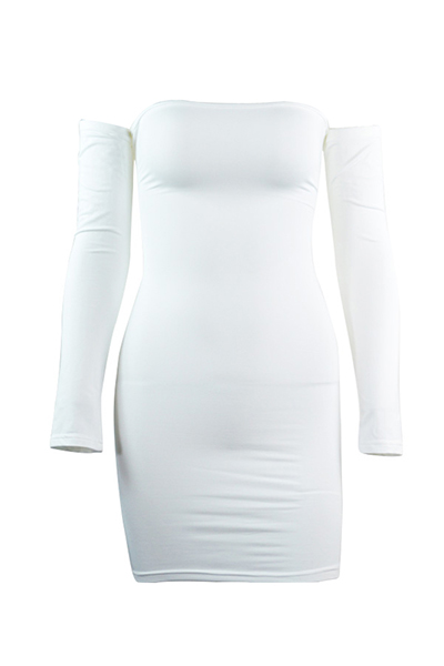 Sexy Dew Shoulder Long Sleeves Hollow-out White Blending Sheath Mini Dress