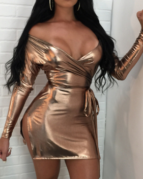 Sexy Dew Shoulder V Neck Champagne Cotton Mini Dress