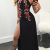 Sexy Embroidery High Split Black Cotton Blend Ankle Length Dress