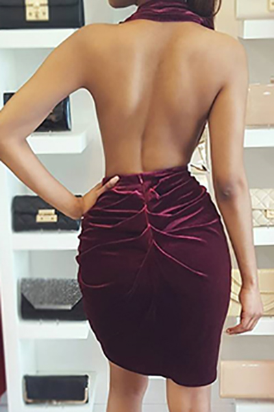 Sexy Euramerican Halter Neck Sleeveless Backless Wine Red Velvet Mini Dress