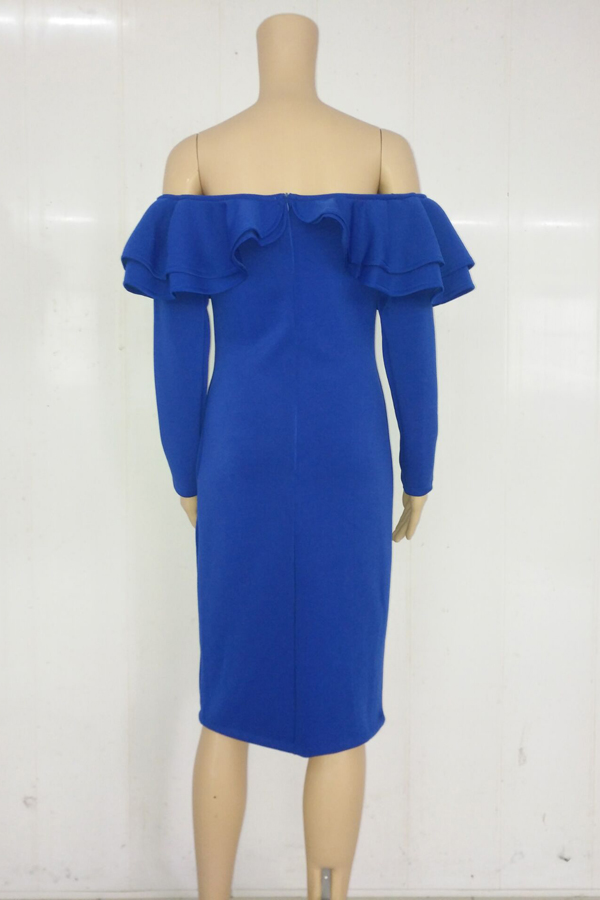 Sexy Falbala Design Royalblue Polyester Sheath Mid Calf Dress