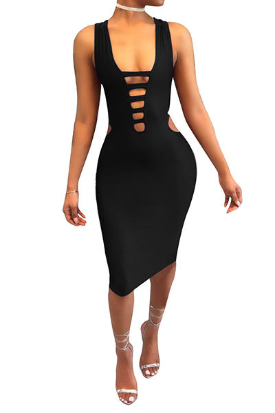 Sexy Hollow-out Black Blending Sheath Knee Length Dress