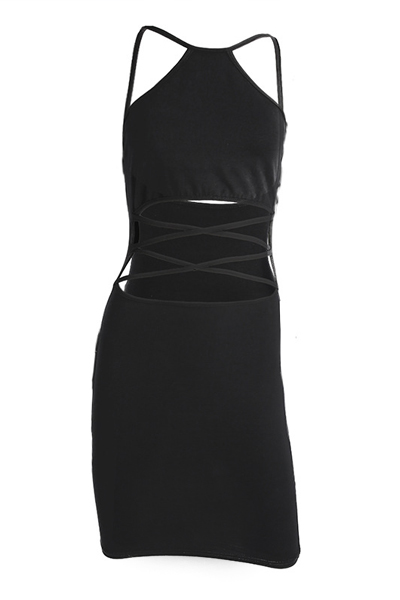 Sexy Hollow-out Black Polyester Sheath Mini Dress