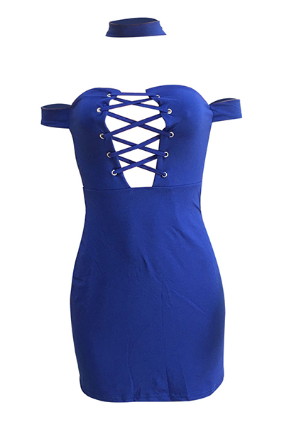 Sexy Hollow-out Blue Milk Fiber Sheath Mini Dress