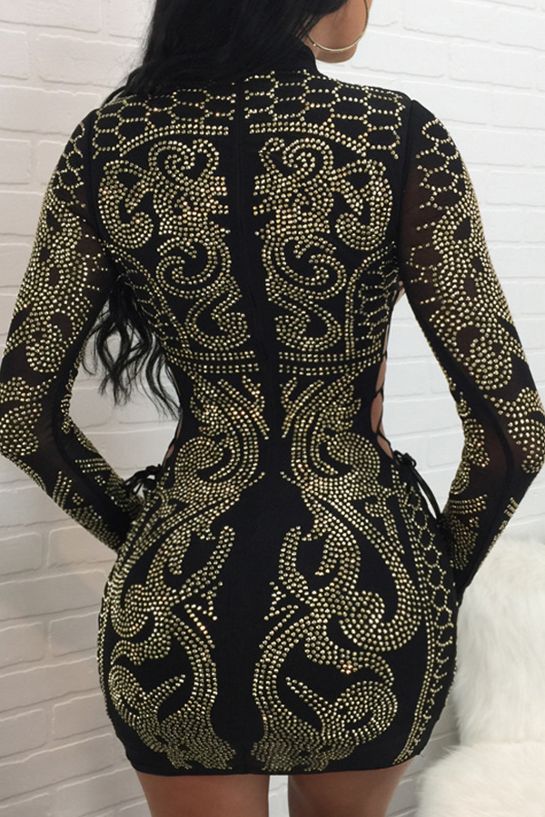 Sexy Hollow-out Rhinestone Decorative Black Polyester Mini Dress