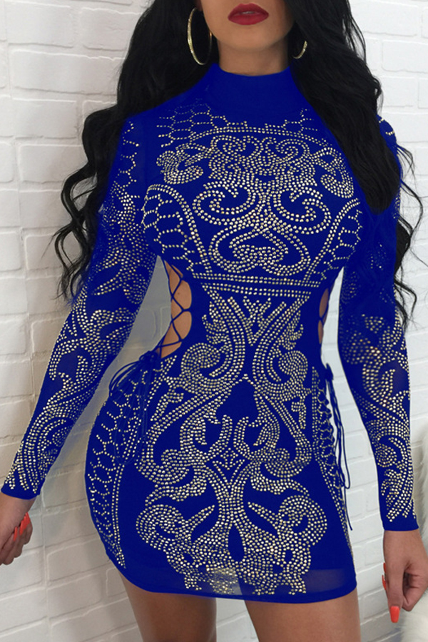 Sexy Hollow-out Rhinestone Decorative Blue Polyester Mini Dress