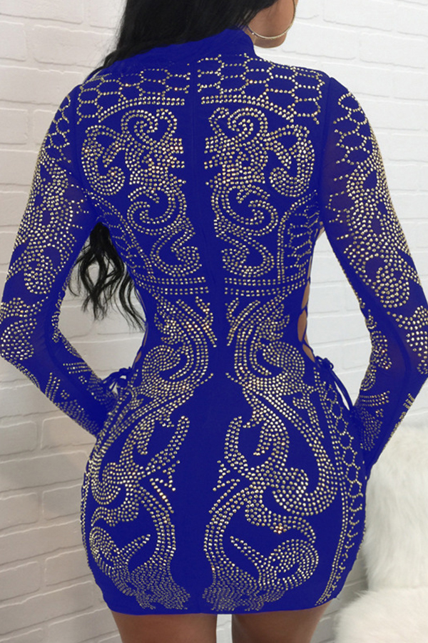 Sexy Hollow-out Rhinestone Decorative Blue Polyester Mini Dress