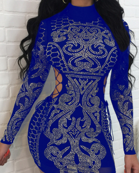 Sexy Hollow-out Rhinestone Decorative Blue Polyester Mini Dress