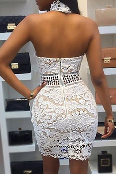 Sexy Hollow-out White Lace Sheath Mini Dress