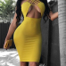 Sexy Hollow-out Yellow Twilled Satin Sheath Knee Length Dress