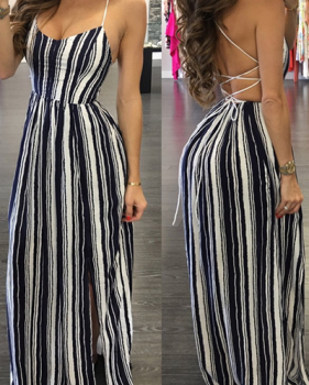 Sexy Lace-up Backless Black-white Striped Chiffon Ankle Length Dress