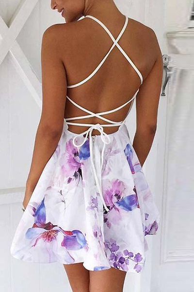 Sexy Lace-up Backless Printed Polyester Mini Dress