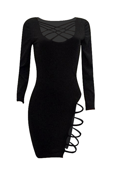 Sexy Long Sleeves Hollow-out Black Twilled Satin Sheath Knee Length Dress