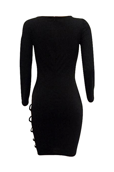 Sexy Long Sleeves Hollow-out Black Twilled Satin Sheath Knee Length Dress