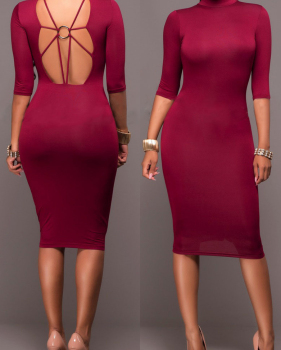 Sexy Mandarin Collar Half Sleeves Backless Wine Red Polyester Sheath Knee Length Dress