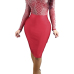 Sexy Mandarin Collar Long Sleeves Printed Patchwork Wine Red Polyester Sheath Knee Length Dress