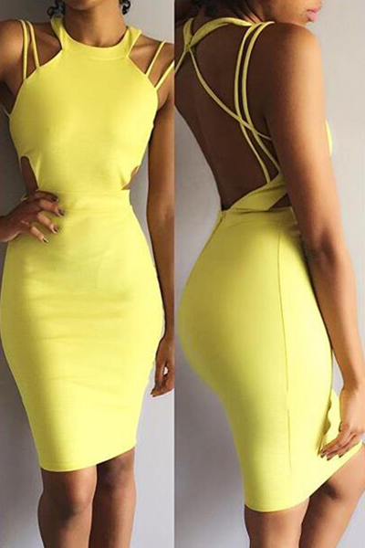 Sexy O Neck Spaghetti Strap Sleeveless Backless Yellow Cotton Blend Sheath Mini Dress