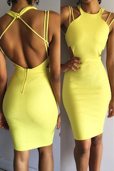 Sexy O Neck Spaghetti Strap Sleeveless Backless Yellow Cotton Blend Sheath Mini Dress