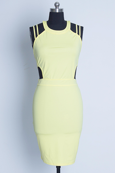 Sexy O Neck Spaghetti Strap Sleeveless Backless Yellow Cotton Blend Sheath Mini Dress