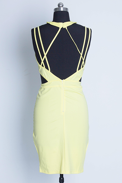 Sexy O Neck Spaghetti Strap Sleeveless Backless Yellow Cotton Blend Sheath Mini Dress