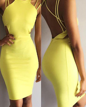 Sexy O Neck Spaghetti Strap Sleeveless Backless Yellow Cotton Blend Sheath Mini Dress