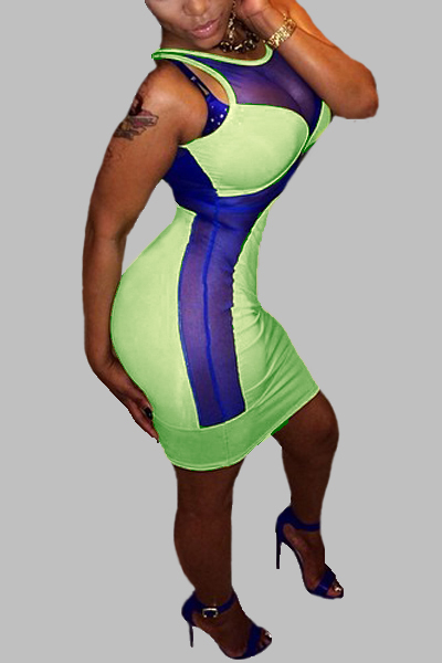 Sexy O Neck Tank Sleeveless Backless Hollow-out Mesh Patchwork Green Polyester Sheath Mini Dress