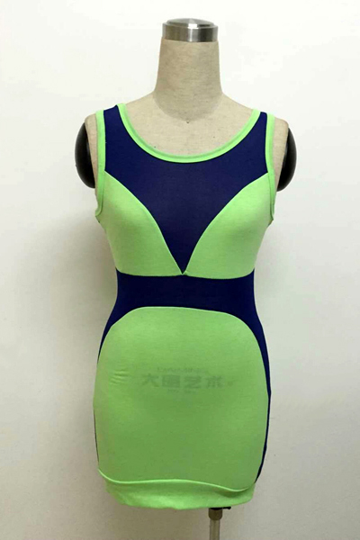 Sexy O Neck Tank Sleeveless Backless Hollow-out Mesh Patchwork Green Polyester Sheath Mini Dress