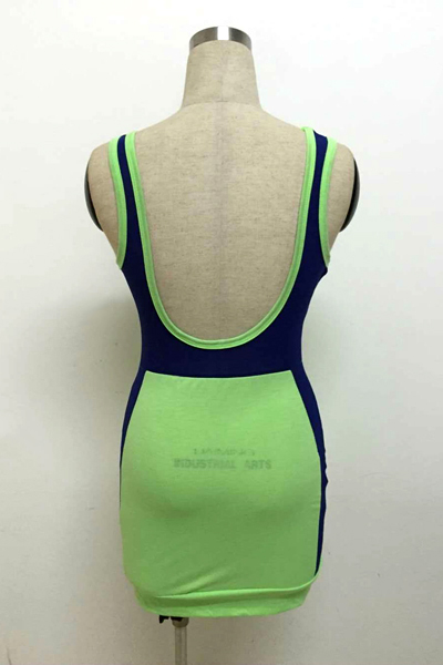 Sexy O Neck Tank Sleeveless Backless Hollow-out Mesh Patchwork Green Polyester Sheath Mini Dress