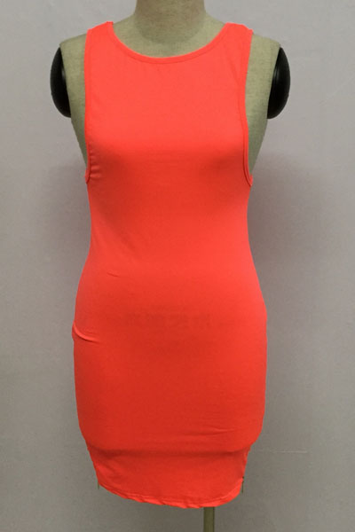 Sexy O Neck Tank Sleeveless Backless Side Zipper Design Fluorescent Red Polyester Sheath Knee Length Dress