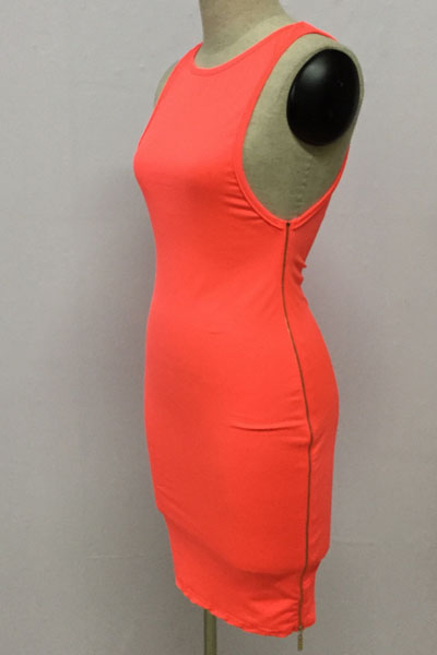 Sexy O Neck Tank Sleeveless Backless Side Zipper Design Fluorescent Red Polyester Sheath Knee Length Dress