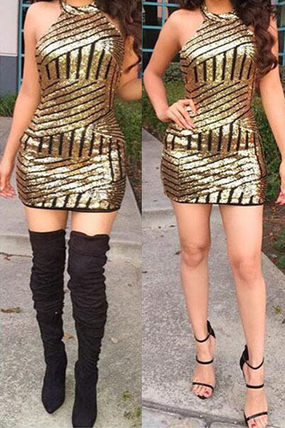 Sexy O Neck Tank Sleeveless Gold Sequined Sheath Mini Dress