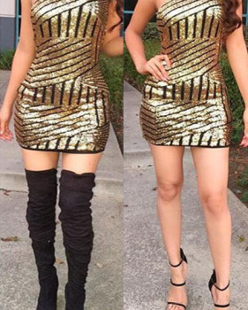 Sexy O Neck Tank Sleeveless Gold Sequined Sheath Mini Dress